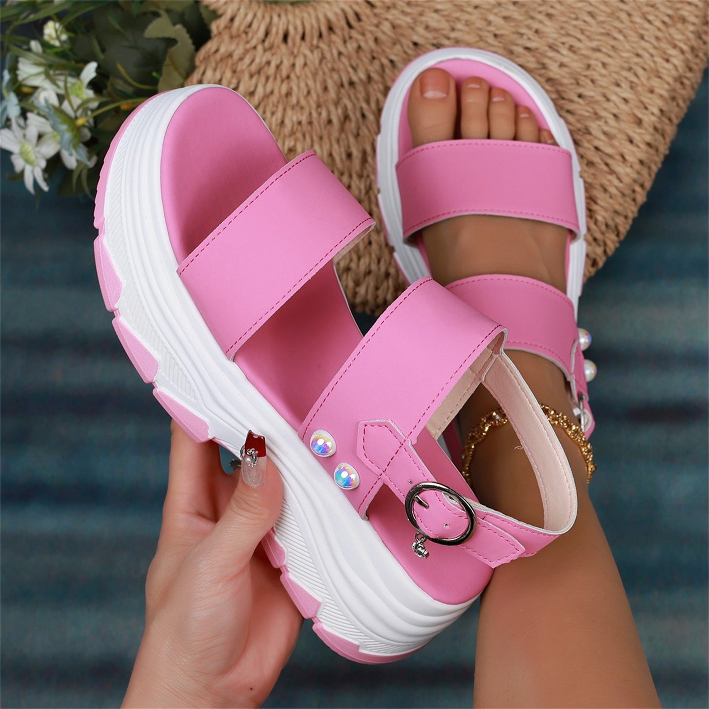 Casual Double-strap Sports Sandals Summer Fashion Solid Color Thick Bottom Buckle Fish Mouth Shoes Women